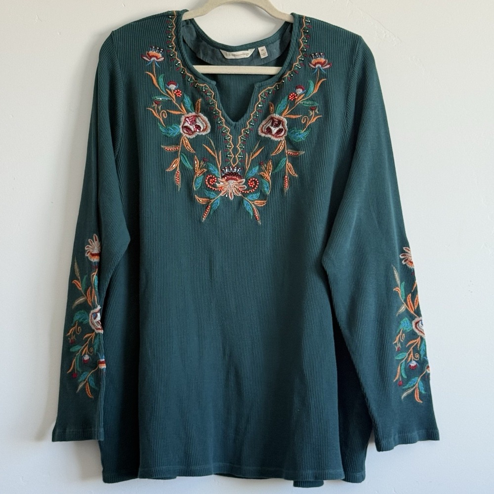 Soft Surroundings Embroidered Top 3X Cotton Boho Green Festival Artsy Waffle